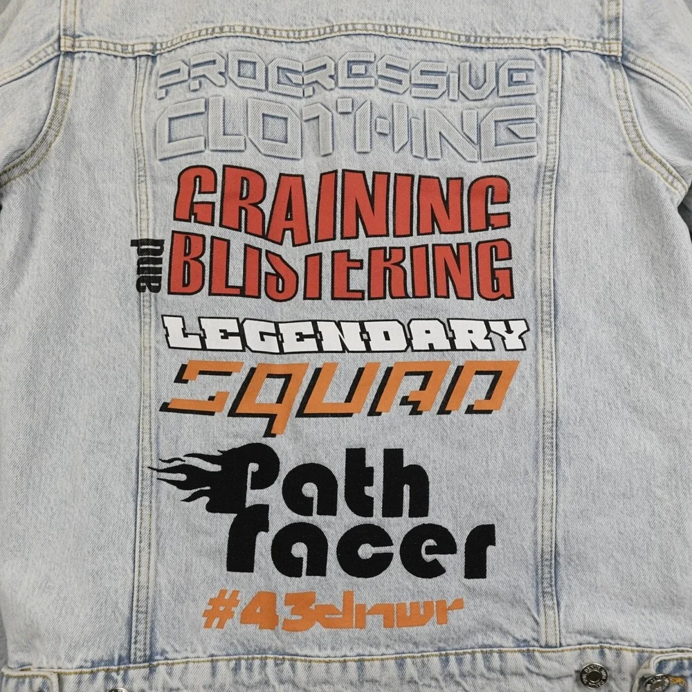 Zara Distressed Denim Jacket Mens Medium Graphic Patches Button Light Wash AOP